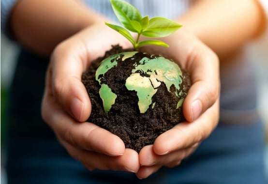Hands holding soil with a young plant and a globe motif